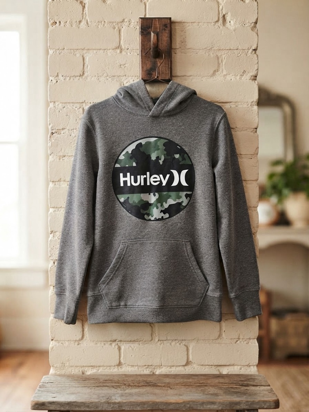Hurley Gray Hoodie with Green Camo Logo